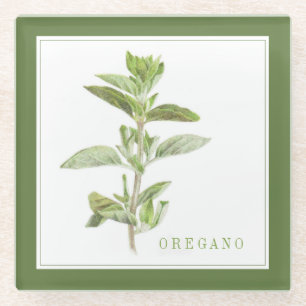 FRESH OREGANO Glass Beverage Coaster (+text) Green
