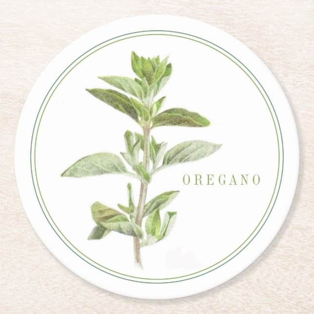 FRESH OREGANO Round Paper Coasters (+text) (Front)