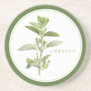 FRESH OREGANO Round Sandstone Coaster +text Green