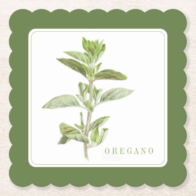 FRESH OREGANO Scalloped Square Coaster +text Green (Front)
