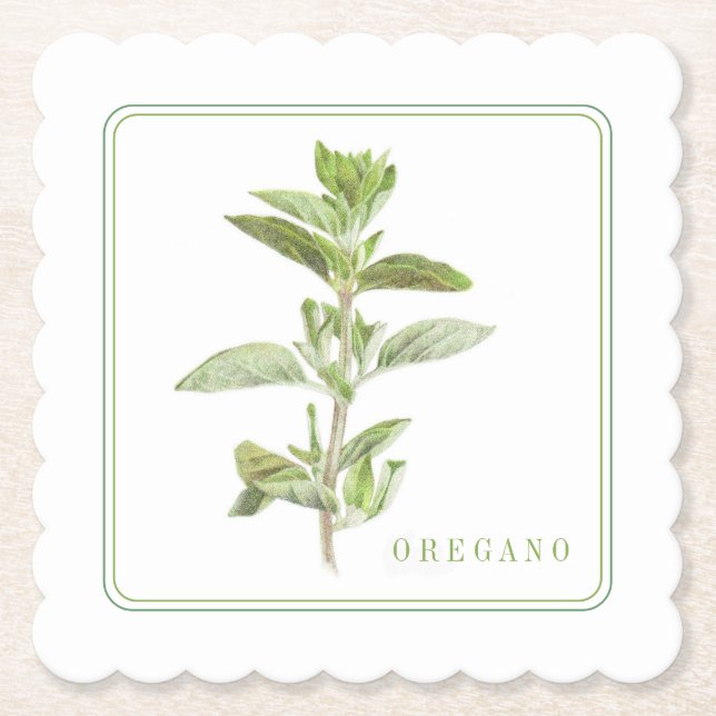 FRESH OREGANO Scalloped Square Coasters (+text) (Front)