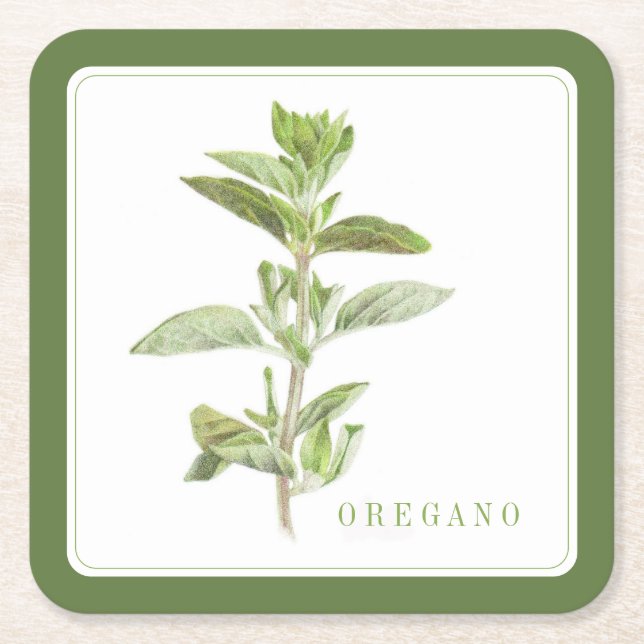 FRESH OREGANO Square Paper Coasters (+text) Green (Front)
