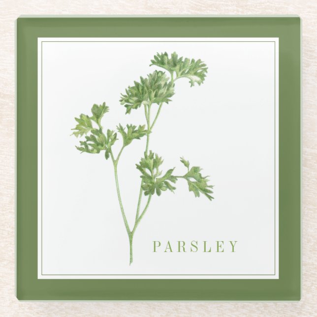 FRESH PARSLEY Glass Beverage Coaster (+text) Green (Front)