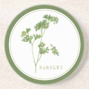 FRESH PARSLEY Round Sandstone Coaster +text Green