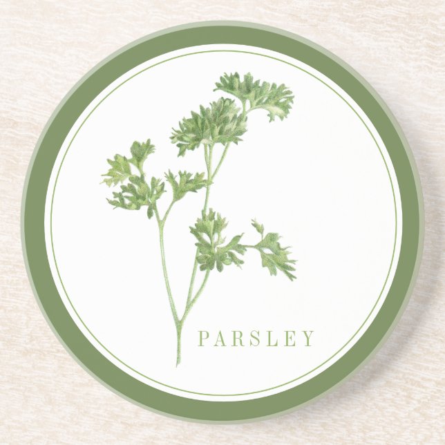 FRESH PARSLEY Round Sandstone Coaster +text Green (Front)