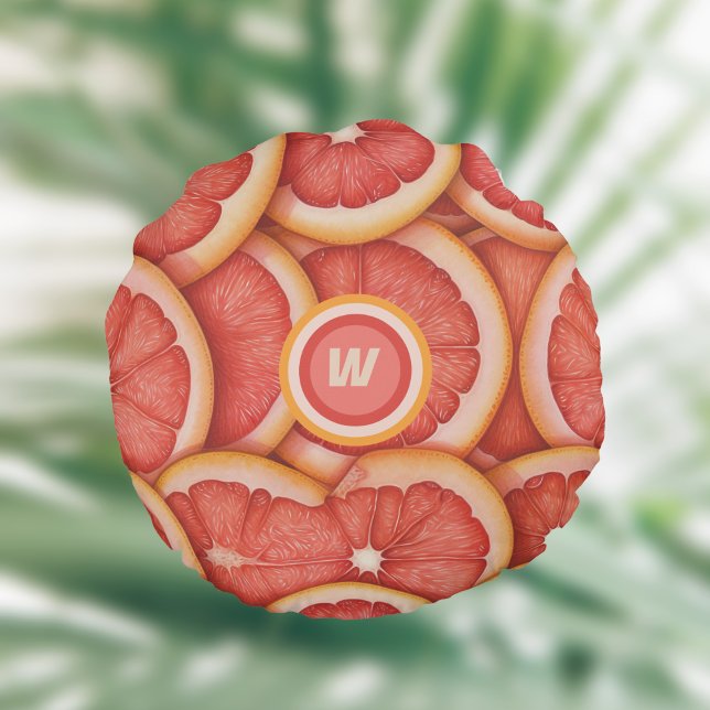 Fresh Picked Pink Grapefruit Monogram Initial Round Cushion (Creator Uploaded)