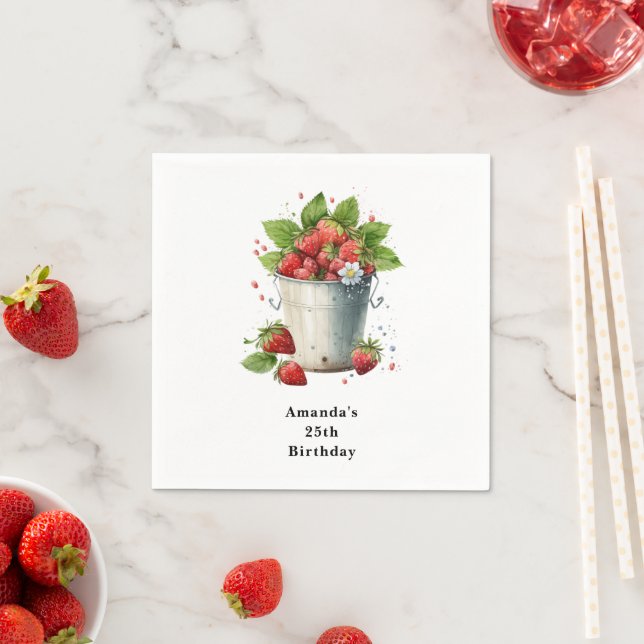 Fresh Picked Strawberries in a Bucket Birthday Napkin (Insitu)