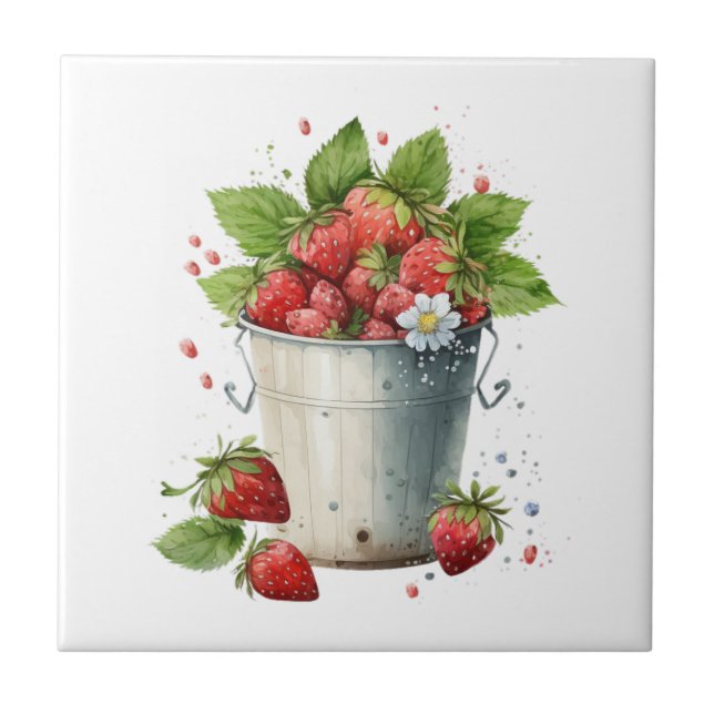 Fresh Picked Strawberries in a Bucket Ceramic Tile (Front)