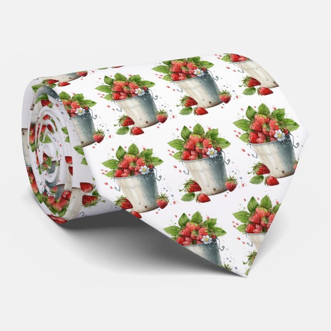 Fresh Picked Strawberries in a Bucket Pattern Tie (Rolled)