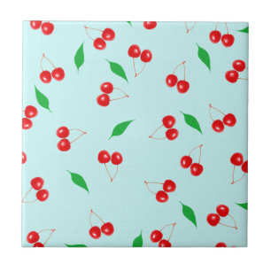 Fresh Pink Cherries on a Mint Background Ceramic Tile