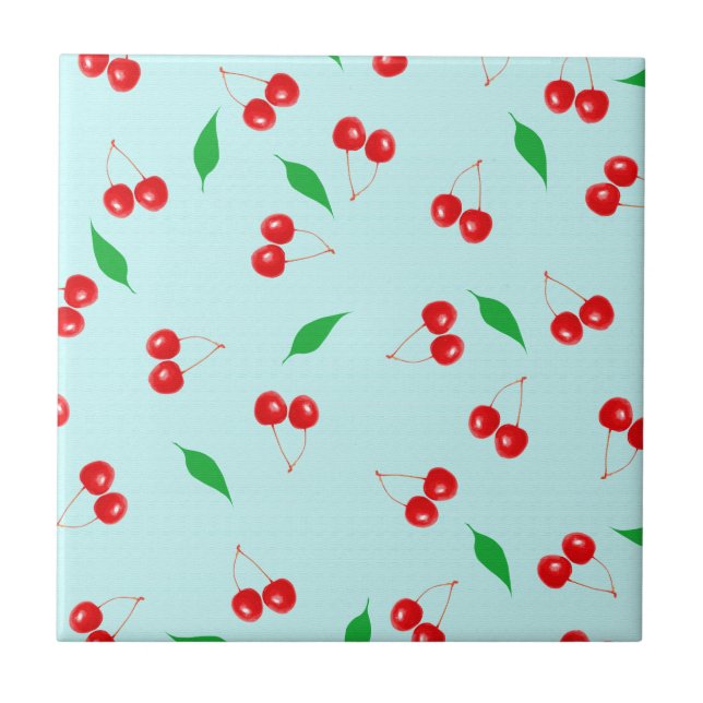 Fresh Pink Cherries on a Mint Background Ceramic Tile (Front)