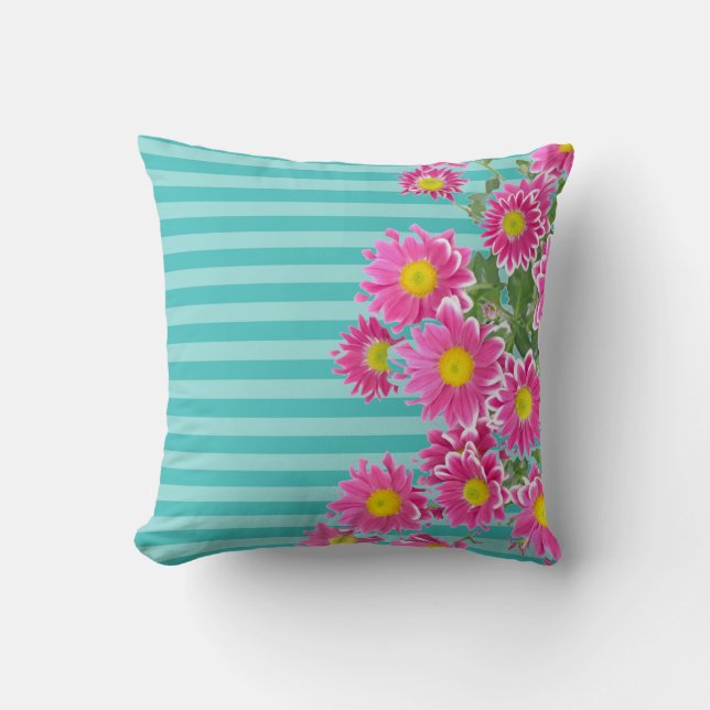 Fresh Pink Daisy Flowers on Turquoise Stripes Cushion (Front)