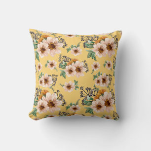 Fresh Pink Flowers on Sunshine Yellow Background Cushion