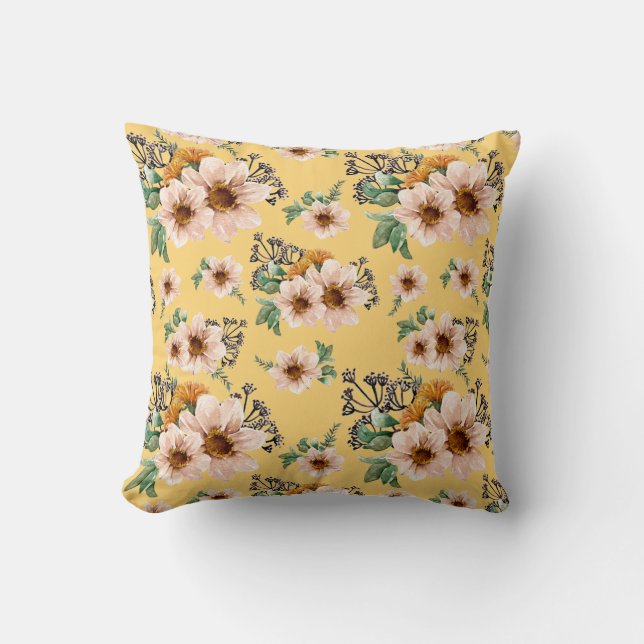 Fresh Pink Flowers on Sunshine Yellow Background Cushion (Front)