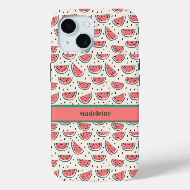 Fresh Pink Green Watermelon Pattern Cream Monogram Case-Mate iPhone Case (Back)