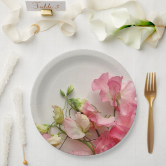Fresh pink sweet peas paper plate