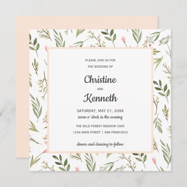 Fresh Pink wildflowers chic Botanical wedding Invitation (Front/Back)