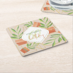 Fresh Plants In Ceramic Pots Watercolor  Square Paper Coaster