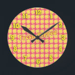 Fresh Popped Fun Popcorn Pattern Cartoon Art Round Clock<br><div class="desc">A fun and cute fresh popped kawaii buttery good hot and fresh popcorn pop to it movie watcher slogan funny food epic kernel hot buttered bucket of fun meal design cartoon style deluxe wall clock timepiece Get an epic cartoon design clock today.</div>