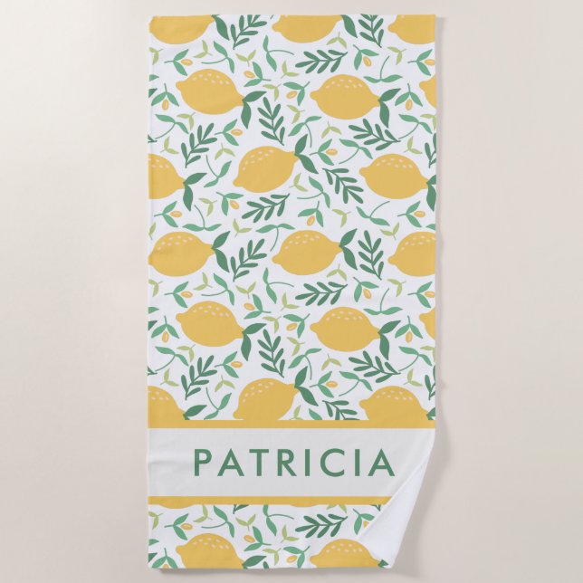 Fresh & Pretty Summer Lemon Botanical Pattern Beach Towel (Front)