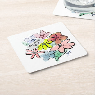 Fresh, Pretty Watercolor Floral Bouquet Square Paper Coaster