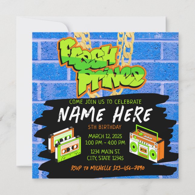  Fresh Prince 90s Boombox Blue Orange Birthday Invitation (Front)