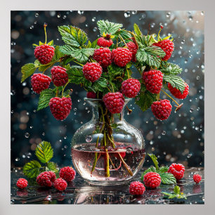 Fresh raspberries and green leaves poster