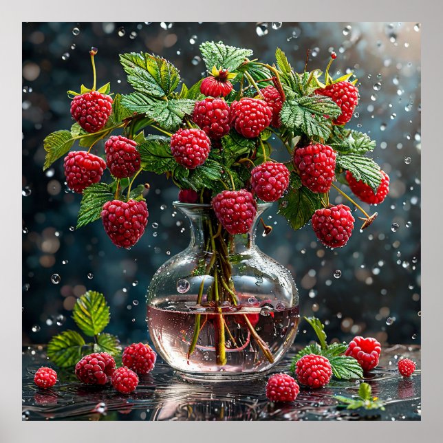 Fresh raspberries and green leaves poster (Front)