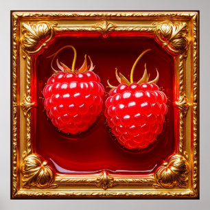 Fresh Raspberries Framed in Golden Artwork Poster