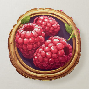 Fresh Raspberries Framed in Golden Artwork Round Cushion
