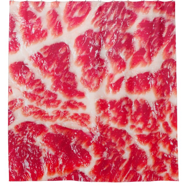 Fresh raw beef steak marbled meat texture close up shower curtain (Front)
