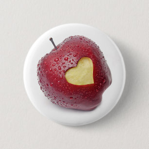 Fresh red apple with a heart shaped symbol 6 cm round badge
