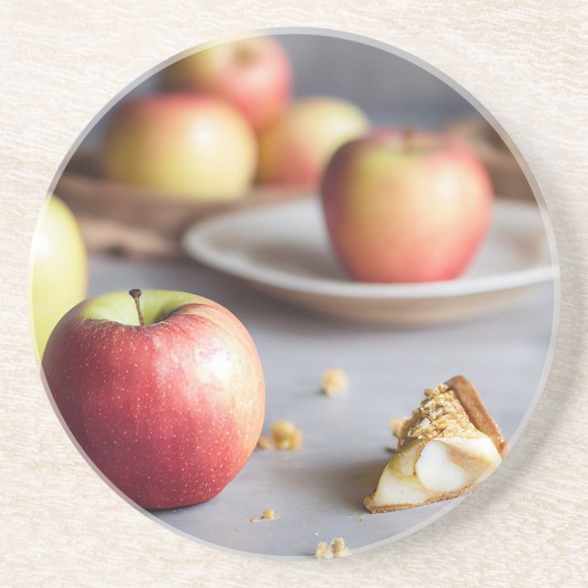 Fresh red apples on the table, apple pie crumbs coaster (Front)
