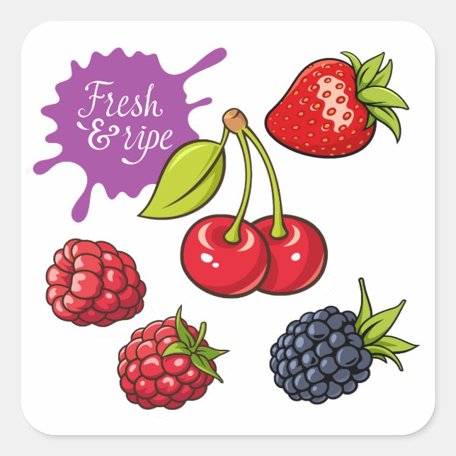 Fresh Red Berries and Cherries Square Sticker (Front)