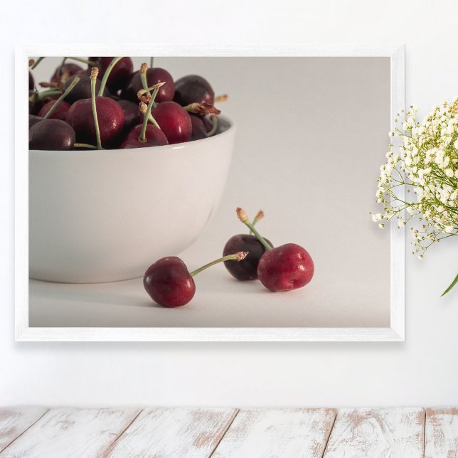 Fresh Red Cherries Bowl In Muted Tones Fruit Photo Poster (Creator Uploaded)