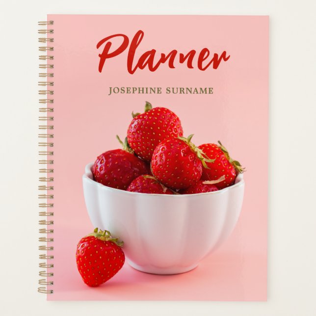 Fresh Red Strawberries On Pink Photo Custom Name Planner (Front)