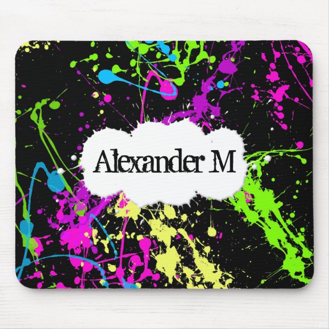 Fresh Retro Neon Paint Splatter on Black Mouse Pad (Front)