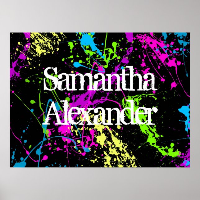 Fresh Retro Neon Paint Splatter on Black Poster (Front)