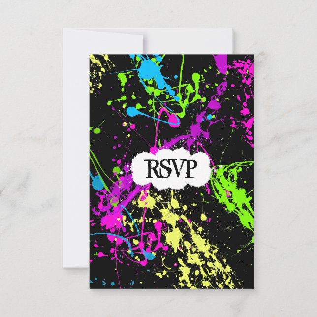 Fresh Retro Neon Paint Splatter on Black RSVP Card (Front)
