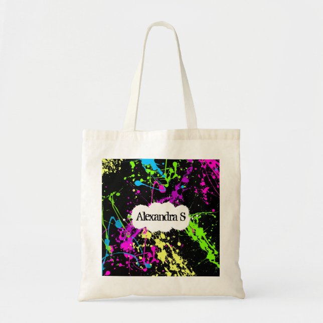 Fresh Retro Neon Paint Splatter on Black Tote Bag (Front)