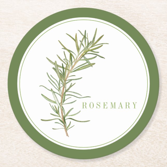 FRESH ROSEMARY Round Paper Coasters (+text) Green (Front)