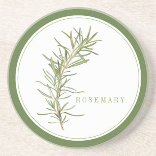 FRESH ROSEMARY Round Sandstone Coaster +text Green
