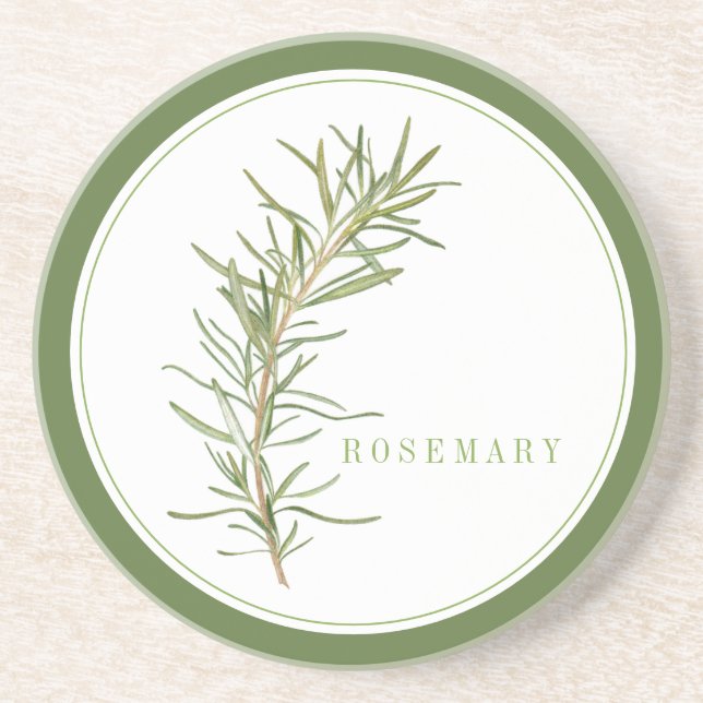 FRESH ROSEMARY Round Sandstone Coaster +text Green (Front)