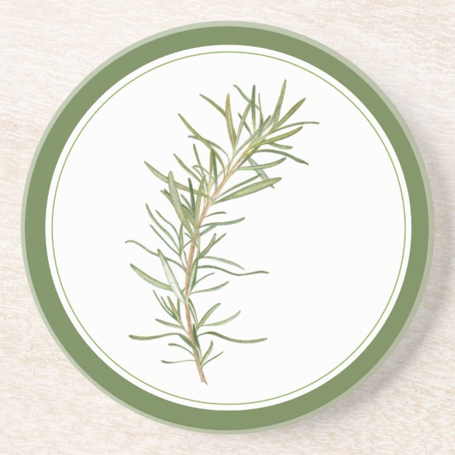FRESH ROSEMARY Round Sandstone Coaster -text Green (Front)