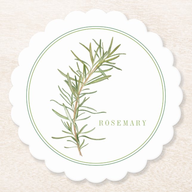FRESH ROSEMARY Scalloped Round Coasters (+text) (Front)