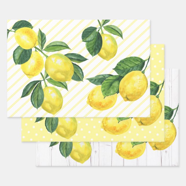 Fresh rustic country watercolor citrus lemons wrapping paper sheet (Set)