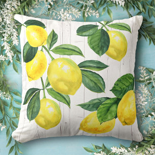 Fresh rustic lemons watercolor white wood country cushion
