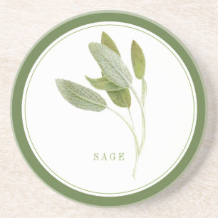 FRESH SAGE Round Sandstone Coaster (+text) Green