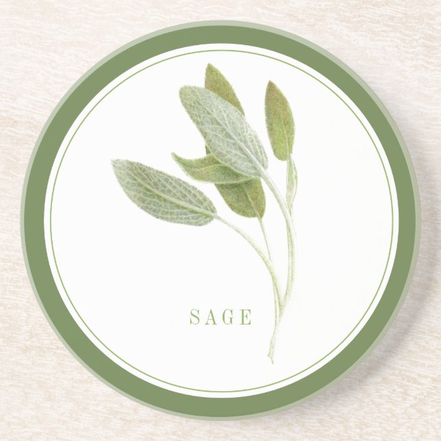 FRESH SAGE Round Sandstone Coaster (+text) Green (Front)