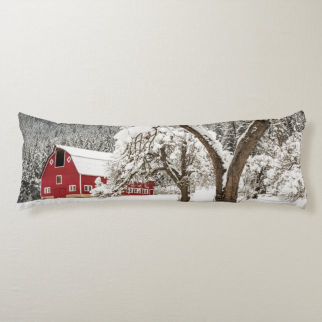 Fresh snow on red barn body cushion (Front)
